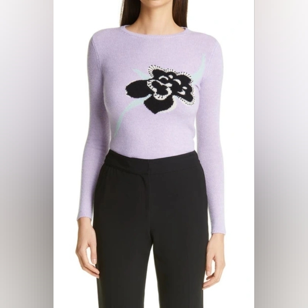 St. John Lilac Purple Floral Intarsia 100% Cashmere Crewneck Sweater Designer